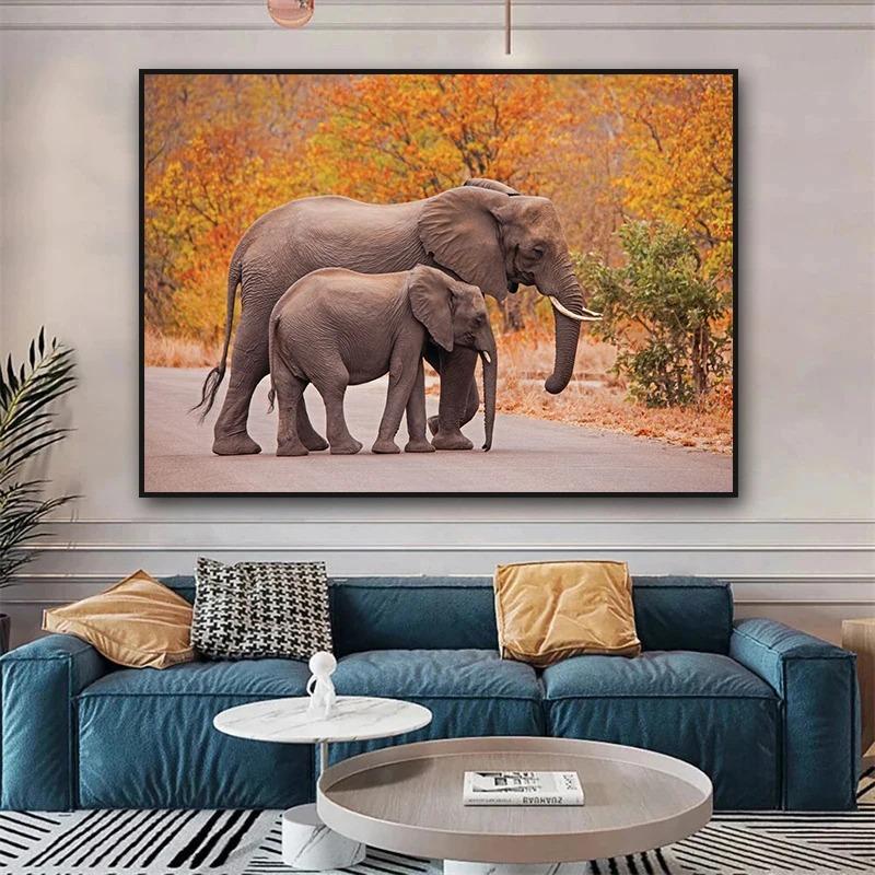 Elephant Baby Family Poster Print Modern Wildlife Animal Wall Art Canvas Painting Picture Nature Landscape for Living Roon Decor