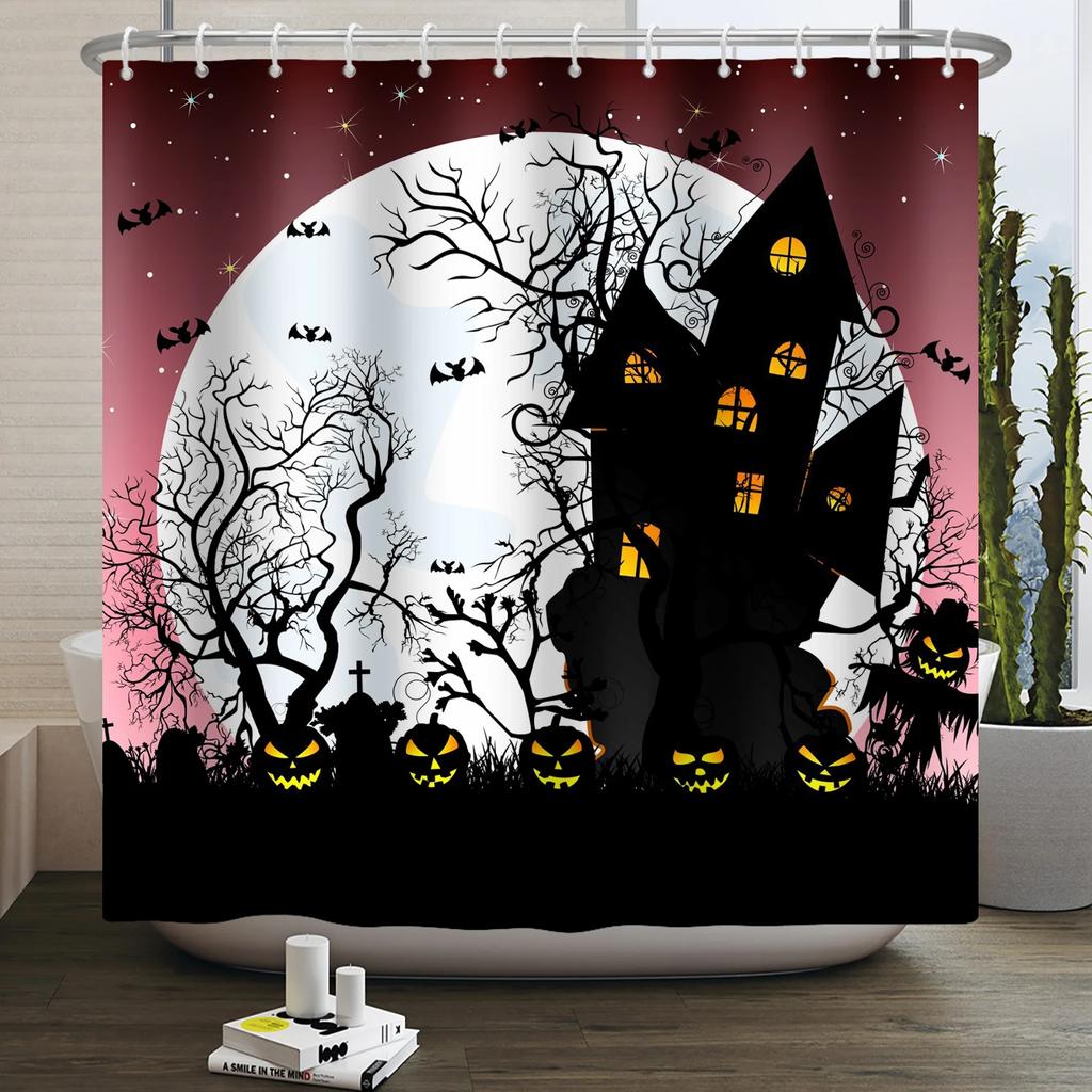 Halloween Shower Curtain Funny Horror Pumpkin Bat Cartoon Cat Happy Halloween Bathroom Curtain for Kids Waterproof Bath Curtain