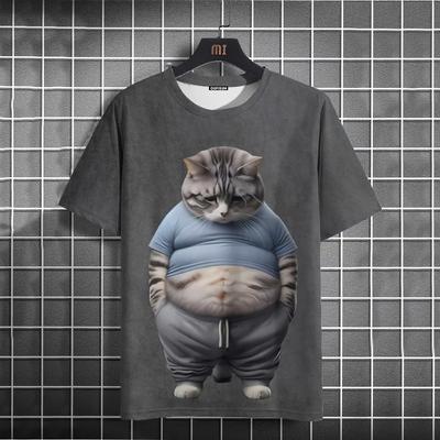 Lustiges Herren T-Shirt mit Tier-Fette-Katze-Aufdruck, lässig, locker, kurzärmelig, übergroße Herrenbekleidung, Tops, Sommer-Streetwear