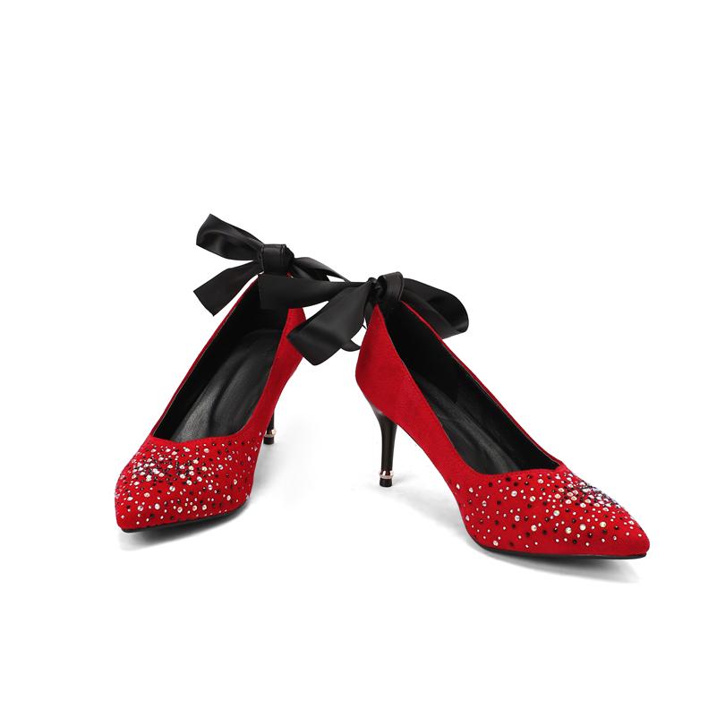 FOREADA Women Pumps Pointed Toe Thin High Heels Crystal Bow Glove Shoes Ladies Fashion Shoes Spring Autumn Red Black Green 43