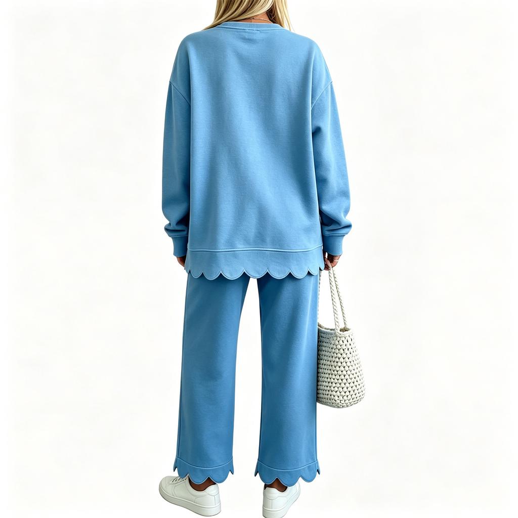 Women's Casual Scalloped Wavy Hem Long Sleeve Sweatshirt and Pants Set, Fashion Outfit