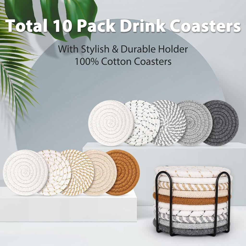 Drink Coasters with Holder, Absorbent Coasters for Coffee Table, Minimalist Cotton Woven Coaster Set for Home Decor Tabletop Protection .