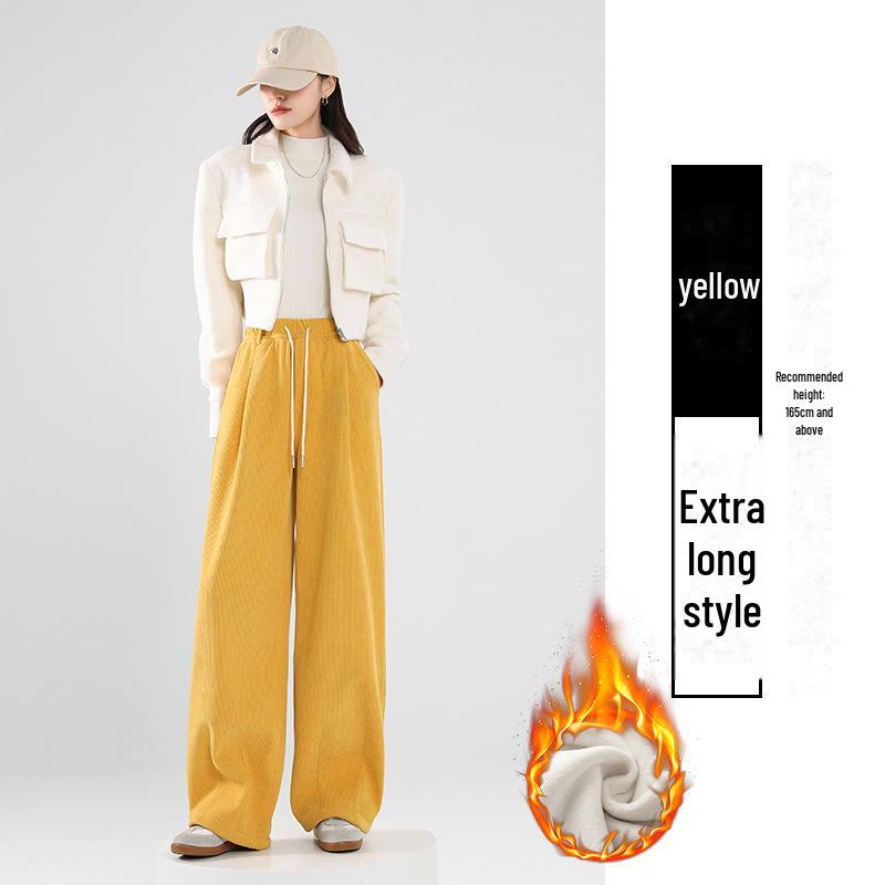 Women's Yellow Corduroy Wide-Leg Pants - Autumn/Winter 2025 Plus Velvet, Loose Straight Casual Style