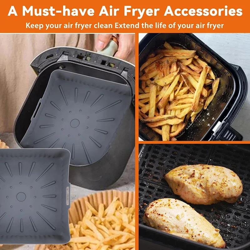 1pc Air Fryer Silicone Baking Tray 23cm Square Airfryer Liners Molds Reusable Oven Baking Basket Multi Functional Barbecue Mat