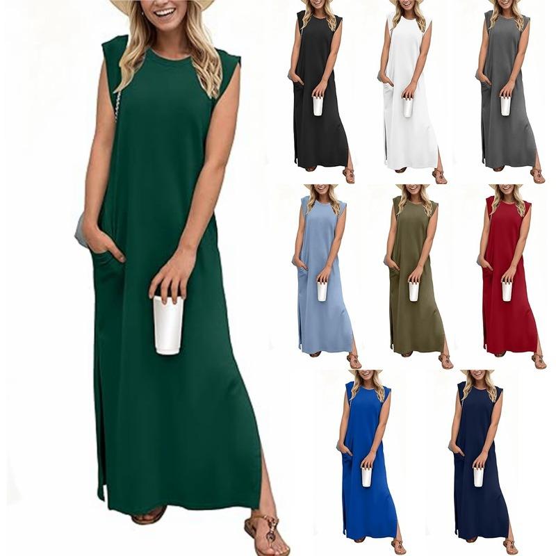Women's Round-neck Loose Slit Sleeveless Long Pocket Dress