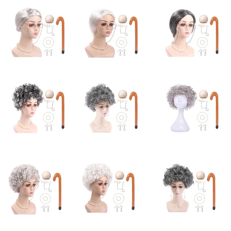 Altes Damen Kostüm für Mädchen Perücke Oma Brille Halskette 100 Tage Schule Kostüm Halloween Oma Kostüm Set