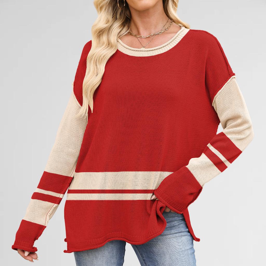 Women's Colorblock Round Neck Loose Casual Pullover Long Sleeve Sweater