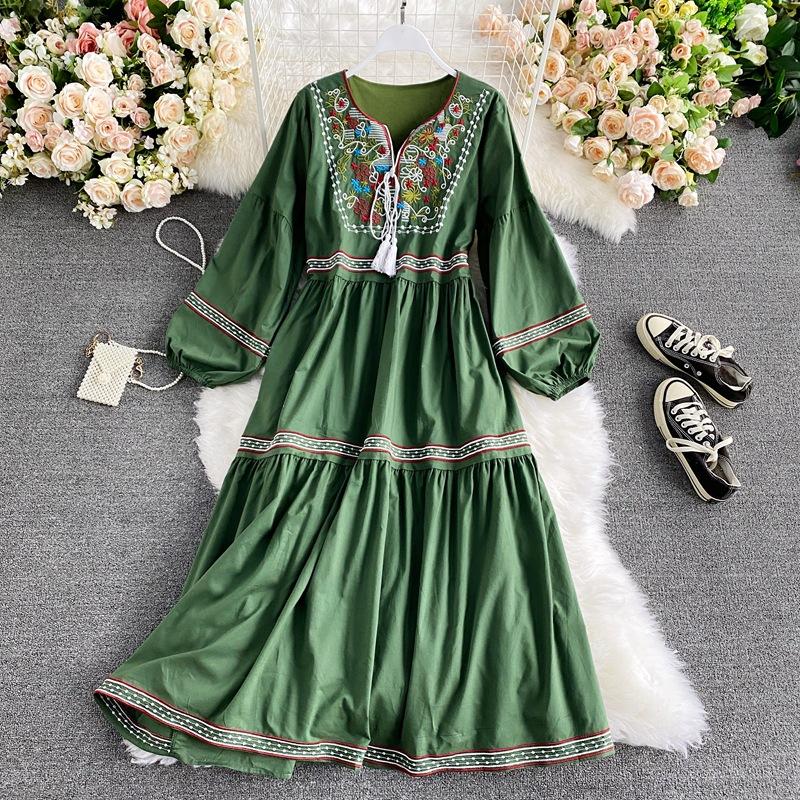 Women's V Neck Printed Mid Waist Pullover Casual Loose And Thin Temperament Dress