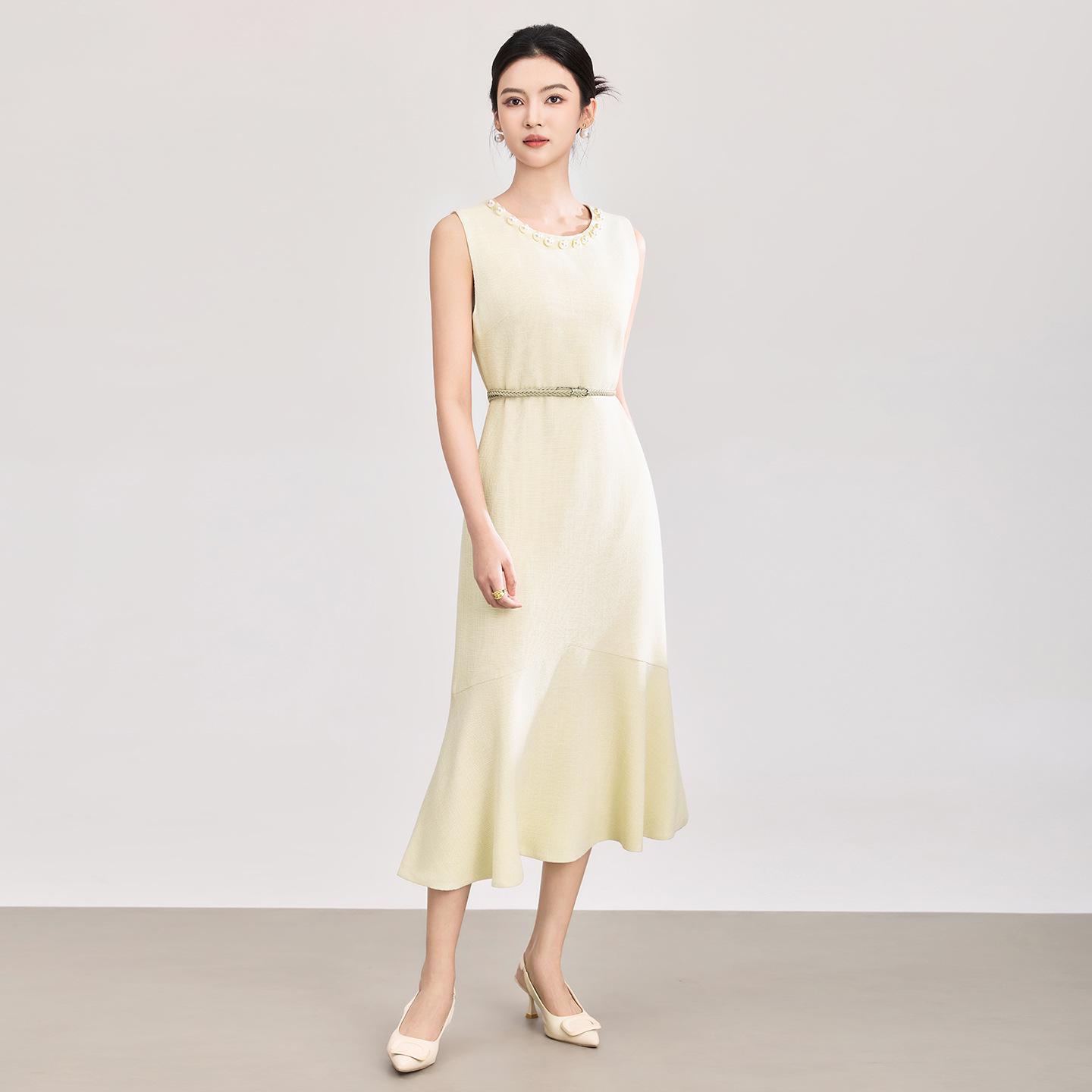 

French Commute Elegant Beaded Waist-Cinching Fishtail Dress - Women s Spring/Summer Socialite Style Skirt Extra Large брудно-білий