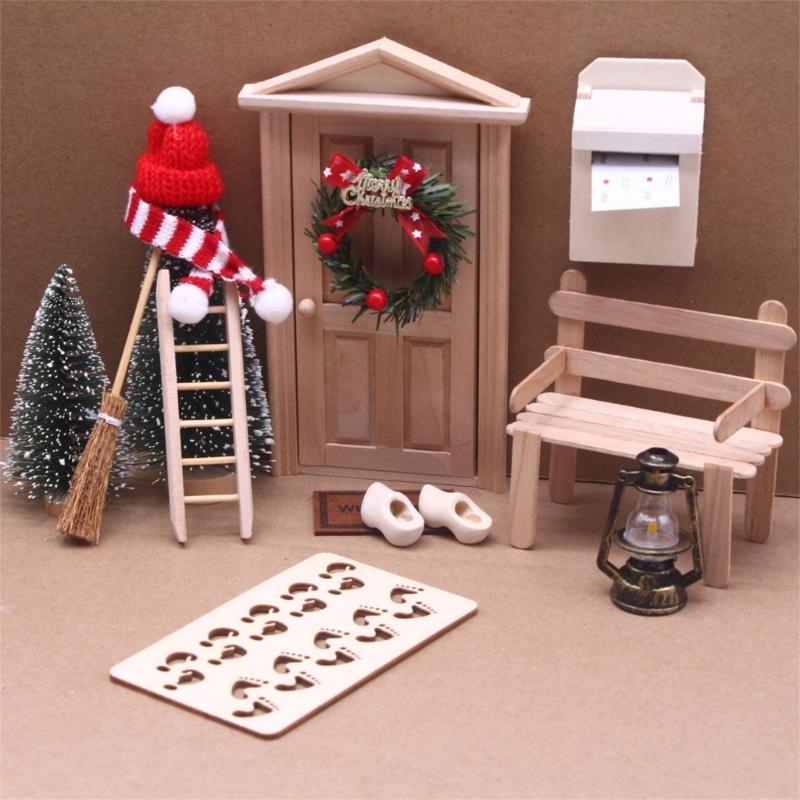 1 Set Dollhouse Elf Door Christmas Decor Wreath Mini Wood Furnitures Ornament Fairy Garden Miniature Scene Model Pretend