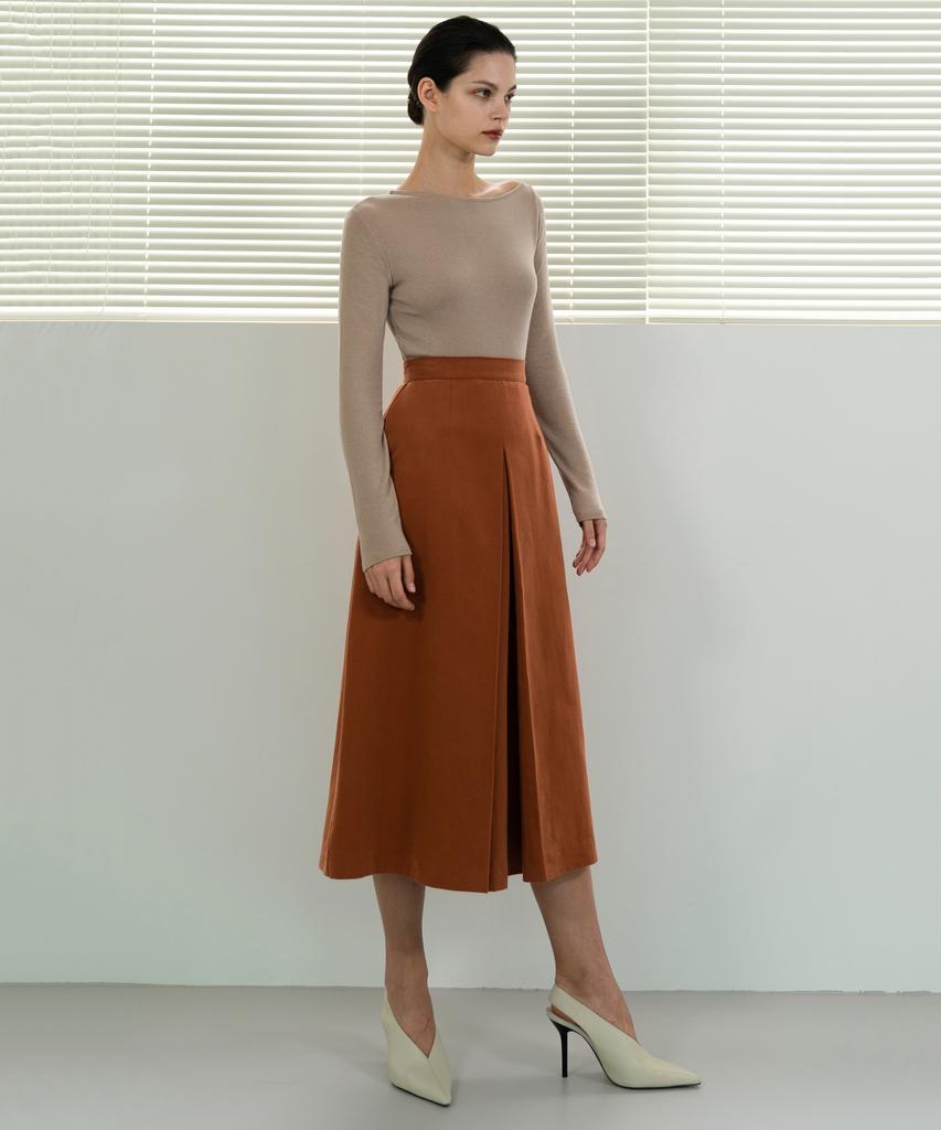 Retour Deux Vingt Quatre Cotton Box Pleated A-Line Skirt (Brown)