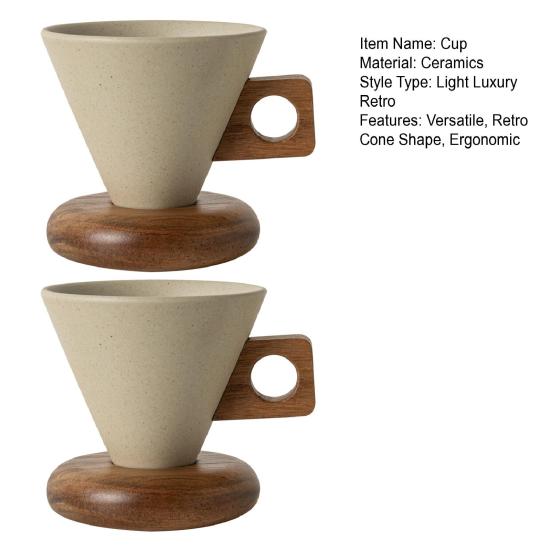 Vintage Kahve Kupası Seramik Konik Kupa Ahşap Saplı ve Tabaklı Stabil Çay Kupası Çay ve Kahve Severler İçin Eşsiz Hediye