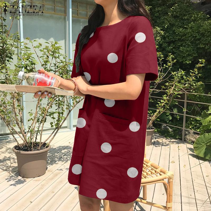 ZANZEA Women Korean Casual Vacation Short Sleeve Polka Dot H-line Dress