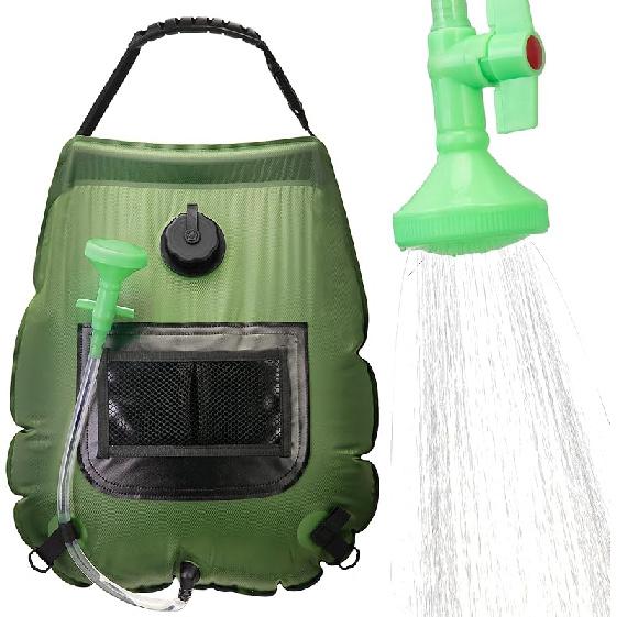 

5 галлонов/20 л портативный душ с солнечным нагревом, переключаемой насадкой для душа и съемным шлангом, подходит для кемпинга, пешего туризма, путешествий, пляжа, плавания зелёный