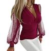Sexy V Neck Pullover Shirt Office Lady Spring Autumn Blouse Elegant Solid Color Sequins Mesh Splicing Lantern Long Sleeve Tops