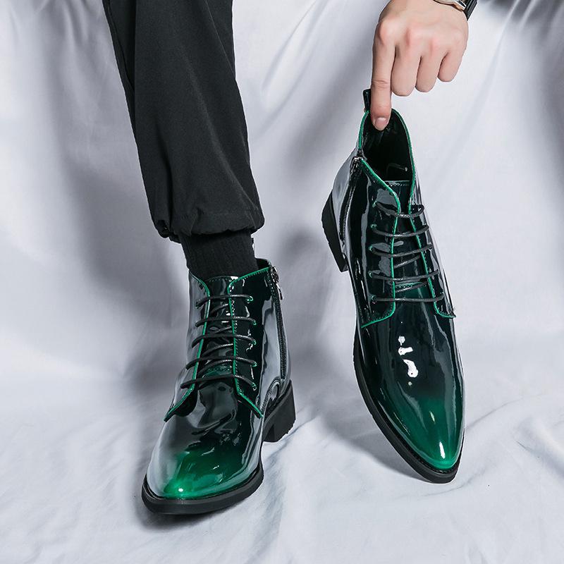 Men's Autumn High-Top Pointed Toe Boots - Trendy Martin Style, Stylish Patent Leather with Side Zipper.
