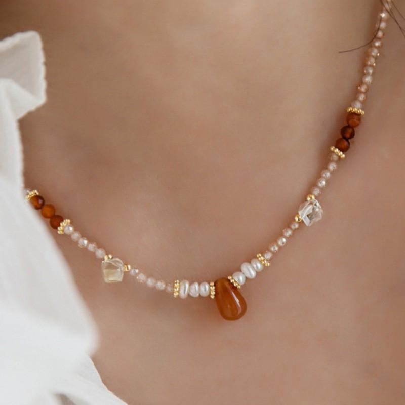 

Freshwater Pearl & Zircon Crystal Agate Pendant Necklace