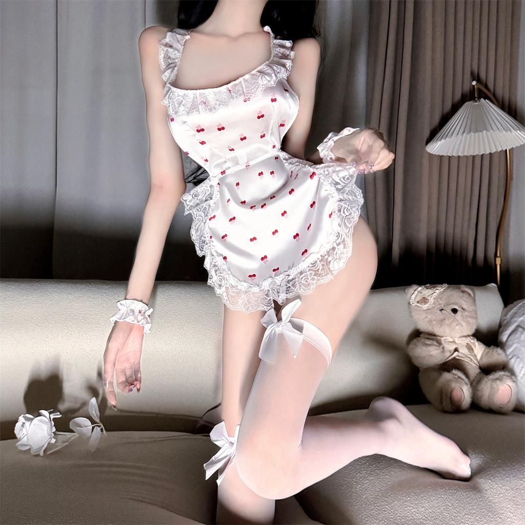 Sexy lingerie water spirit female cherry free lace dew hips passion maid outfit naked back uniform temptation
