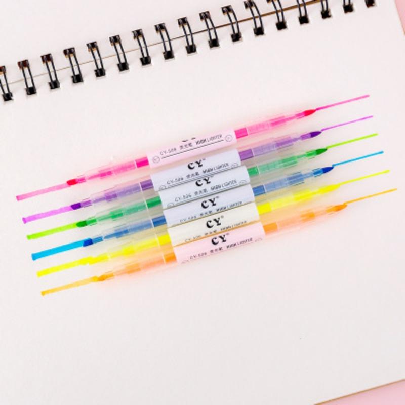 6 Colors/Collection Double Headed Highlighter Pen Fluorescent Drawing Markers Highlighters Pens Stationery Office School Supplies
