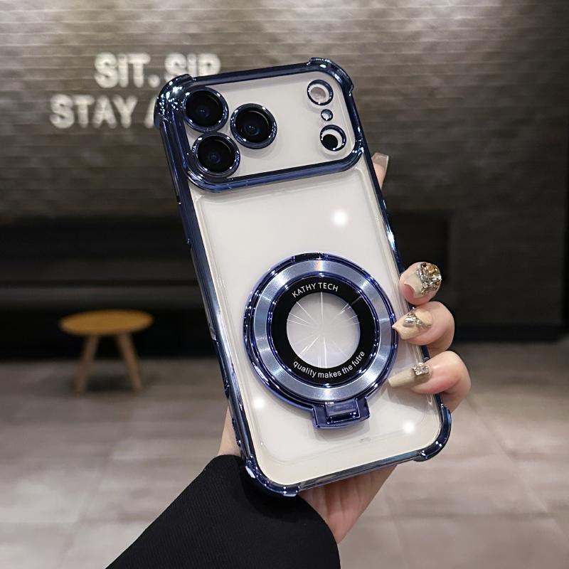 

Luxury Plating Border Four Corner Anti Drop Bracket Ring Phone Case For iPhone 17 Pro Max Air HD Transparent Bumper Back Cover iPhone17 Pro синій