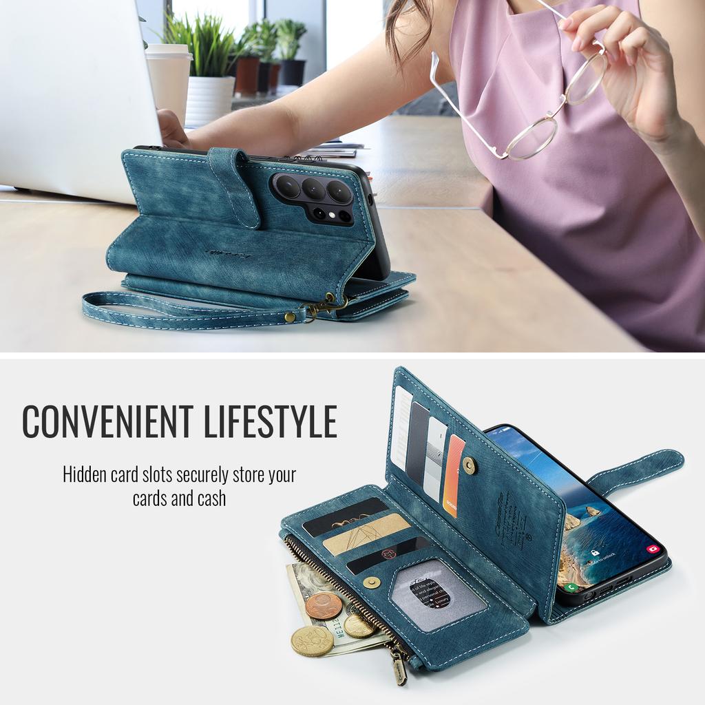 Für Samsung Galaxy S26 Ultra Handyhüllen mit Trageband CASEME C30 Reißverschluss Mehrere Kartenfächer PU-Leder Abdeckung