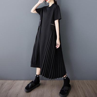 Short Sleeve Plus Size Vintage Black Pleated New In Dresses for Women Casual Loose Long Summer Dress