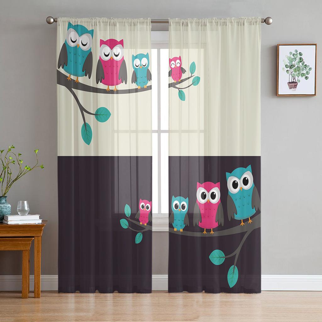 Cartoon Animals Cute Owl Curtain Window Tulle For Living Room Bedroom The Kitchen Window Treatment Decorations Curtains