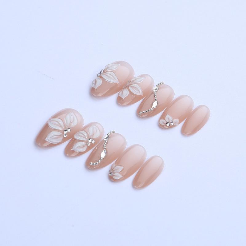 30pcs Almond 3D French Flower Fake Nails - Handmade Wearable Tips In Stock