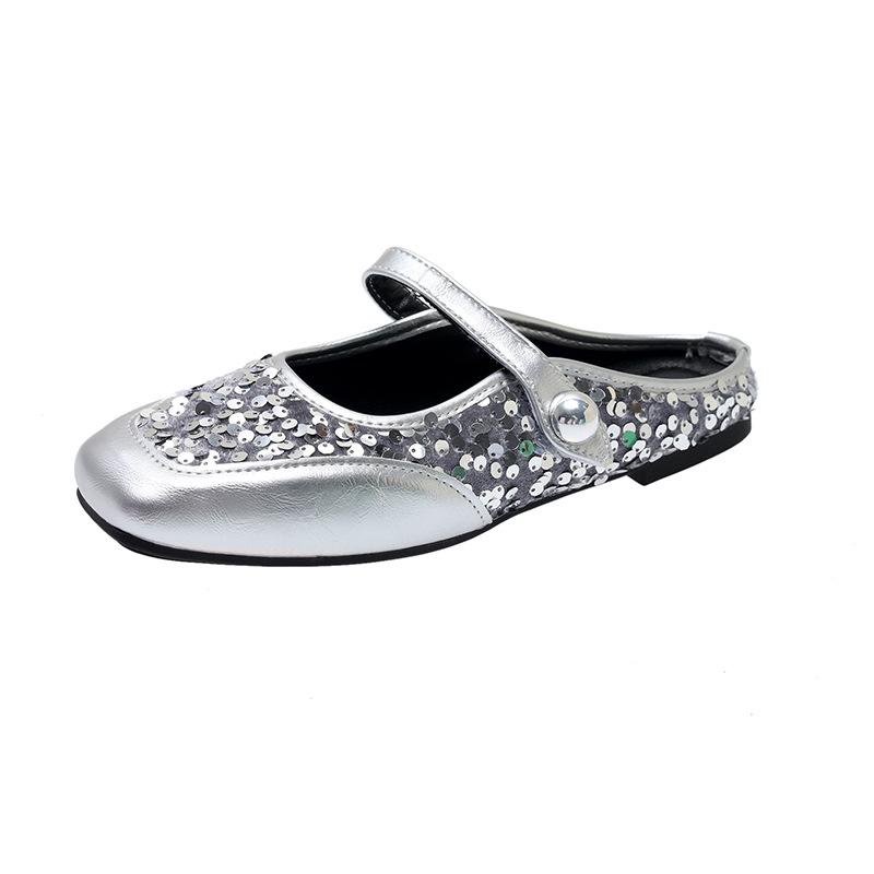 Sequined Silver Bag Head Half Slippers Women's Shoes 2025 New Spring and Summer Temperament Mary Jane Flat Shoes