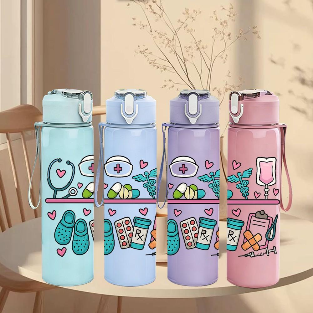 1PC Medical Tool Floral Frame Layout 750ml Color Plastic Sports Water Bottle Leakproof Flip Straw Lid For Sports Office Home Use