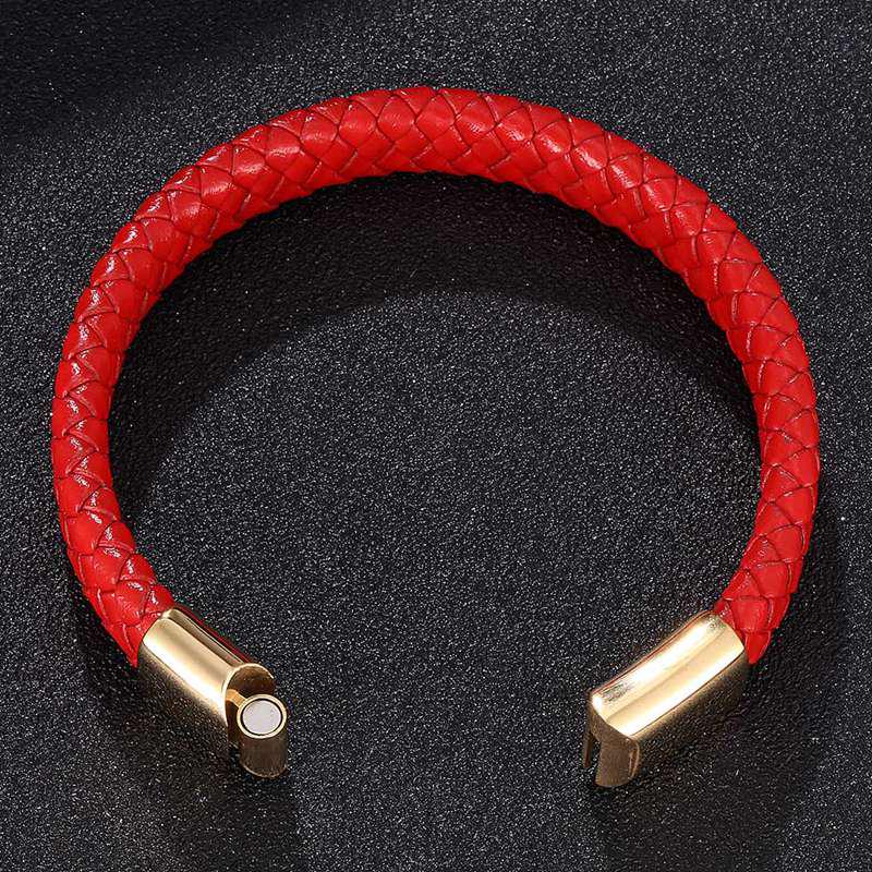 Bracelets de Mode Bijoux Bracelet en Cuir Tressé Rouge Bracelet Charm Acier Inoxydable Bijoux Bracelets Cadeau Homme