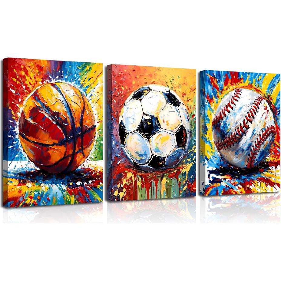 Basketball Graffiti Canvas Wall Art Prints,Graffiti Wall Art Sports Print Wall Decor Set of 3,Retro Colorful Baseball,Soccer,Basketball Print for Boy