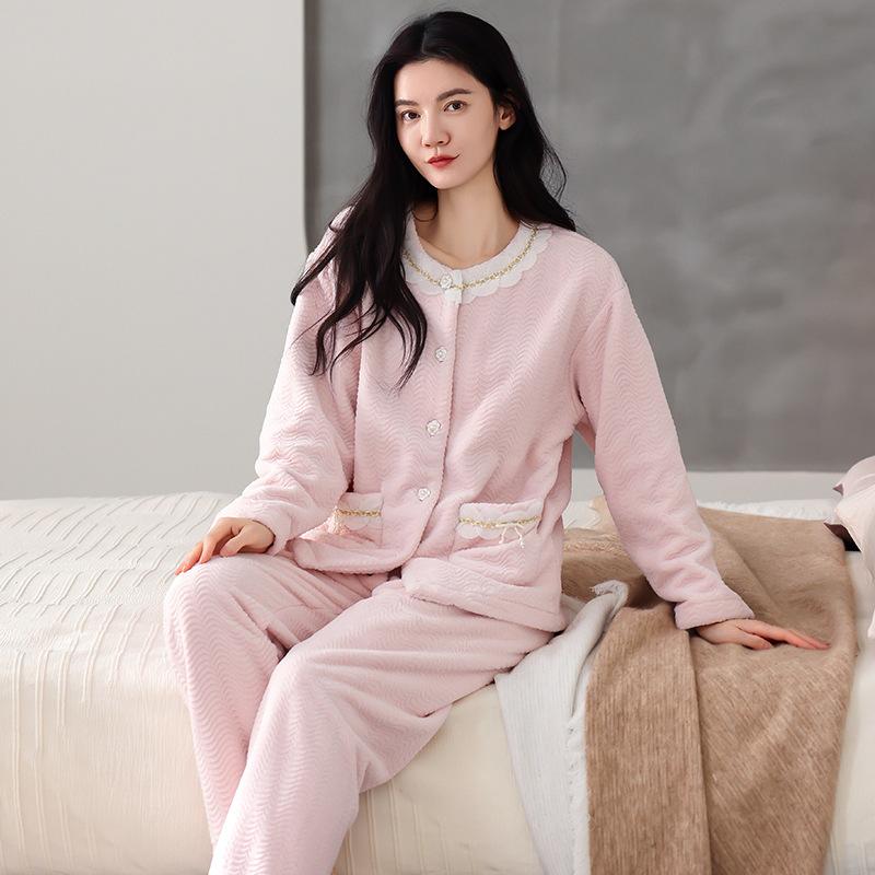 Coral fleece pajamas women's new cardigan round neck fleece thickened winter flannel can be worn outside loungewear set