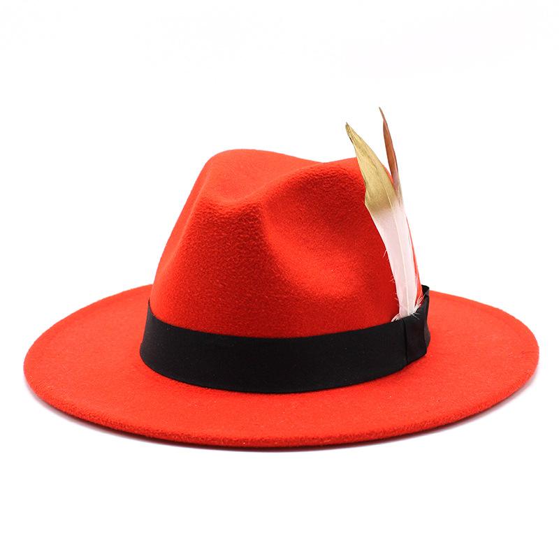 Trendy Wide-Brimmed Hat Woolen Top Hat Versatile Feather Flat Edge Jazz Hat British Style