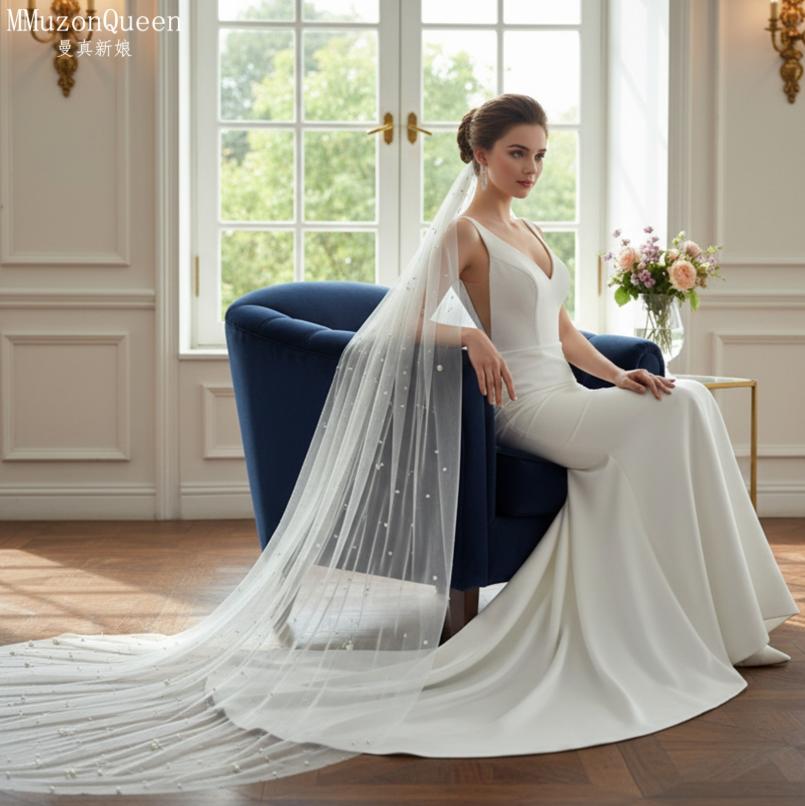 Einstufiger Tüll-Brautschleier mit Perlenbesatz und Metallkamm, 100 cm/200 cm lang, Weißer Hochzeitschleier für Braut, Elopement, Hochzeitsporträt, Fotoshooting
