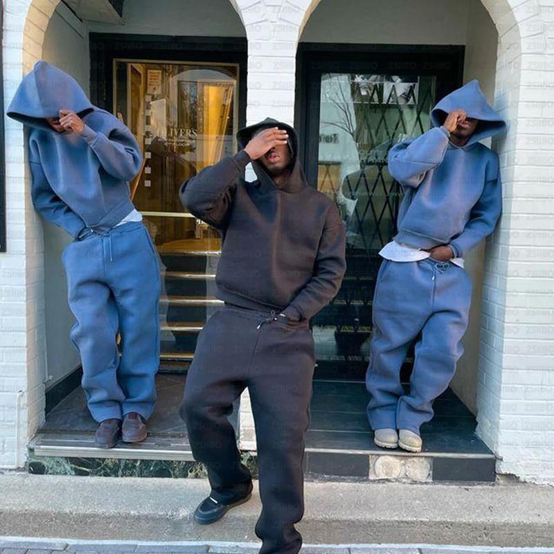 Unisex Hooded Long Sleeve Loose Fit Casual Pullover Sweatshirt Straight Leg Pants Track Set