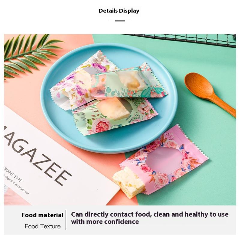 100Pcs Floral Cookie Bag Candy Wrapper Pastry Bag Homemade Handmade Biscuit Plastic Packing For Wedding Party Kitchen