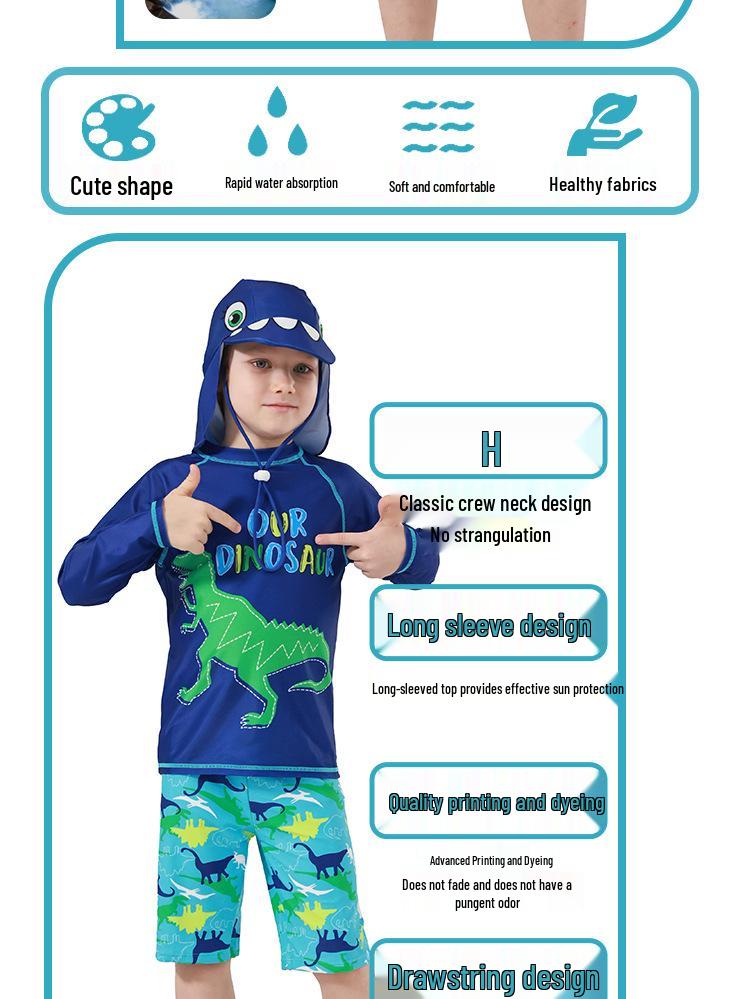 Costume da bagno due pezzi a maniche lunghe per bambini con dinosauri - Verde, Asciugatura rapida, Protezione solare per neonati e bambini piccoli