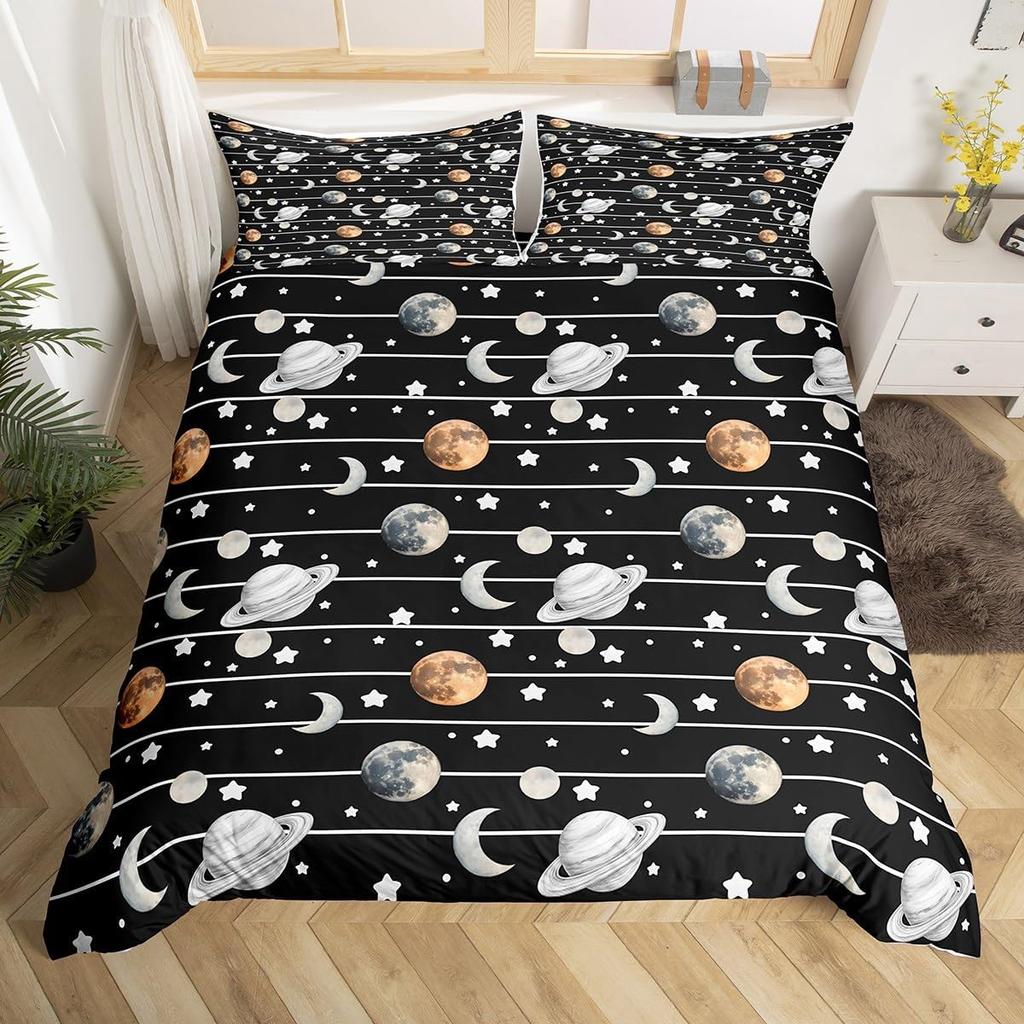 Space Themed Bedding Set Galaxy Outer Space Duvet Cover Set Full Queen For Boys Girls Earth Planets Moon Stars Comforter Cover