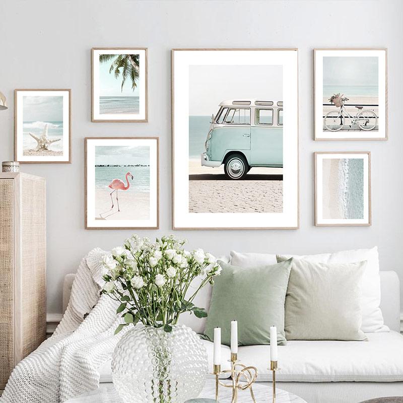 Skandinavien Strand Meer Schilf Palme Strauch Fahrrad Auto Nordic Poster und Drucke Wand Kunst Leinwand Malerei Bilder für Wohnzimmer Dekor