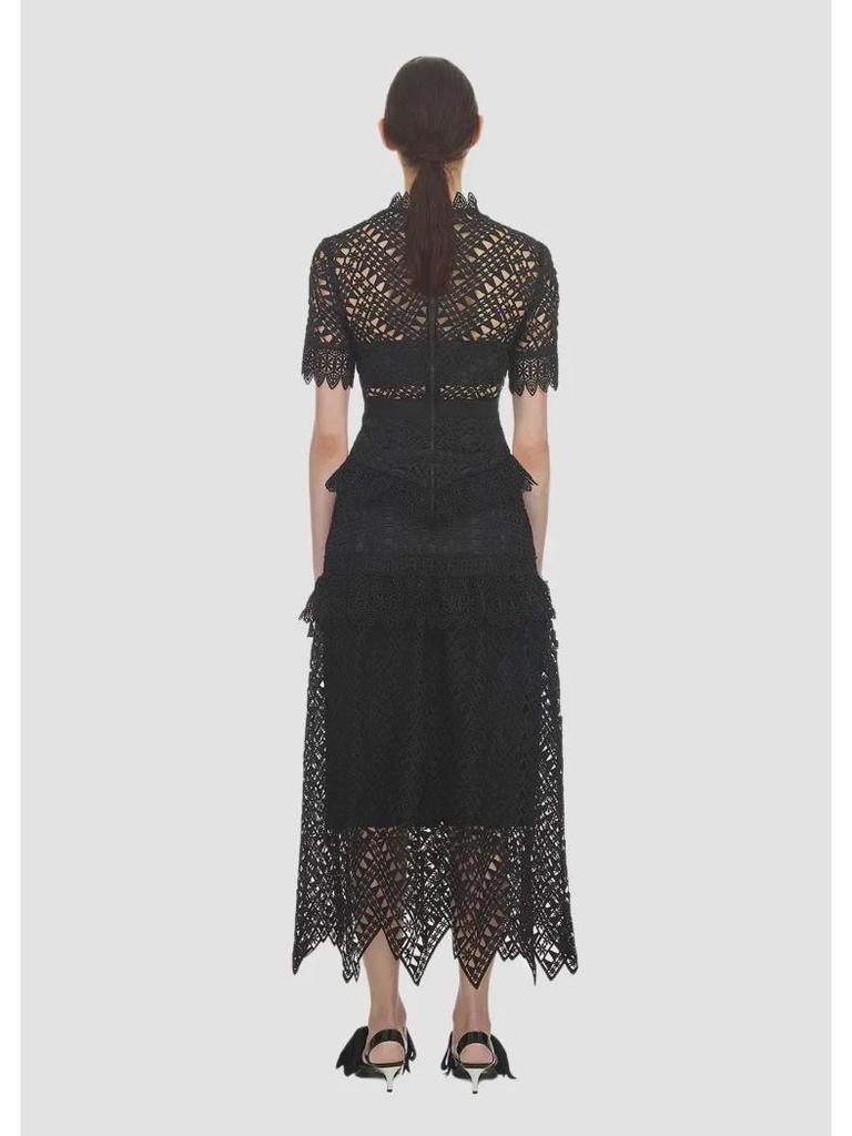 Black Retro Lace Embroidered High Waist Maxi Dress