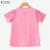 ZANZEA Women Casual Round Neck Summer Short Sleeve Patchwork Crochet Blouse
