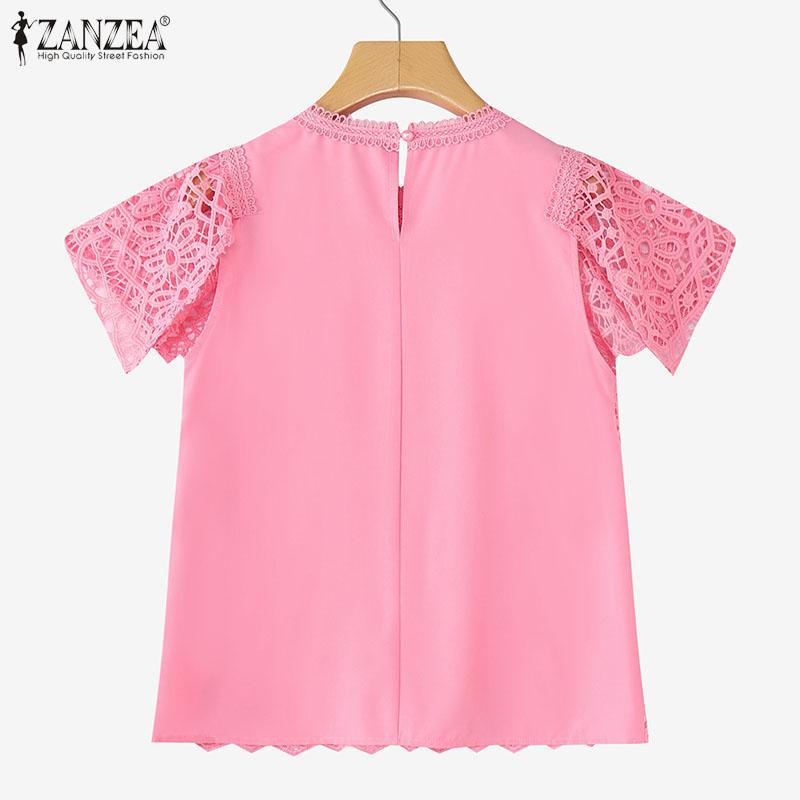 ZANZEA Women Casual Round Neck Summer Short Sleeve Patchwork Crochet Blouse