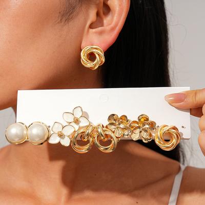Ten-piece Set of European and American Imitation Pearl Oil Drop Flower Round Silver Needle Simple Niche Earrings 