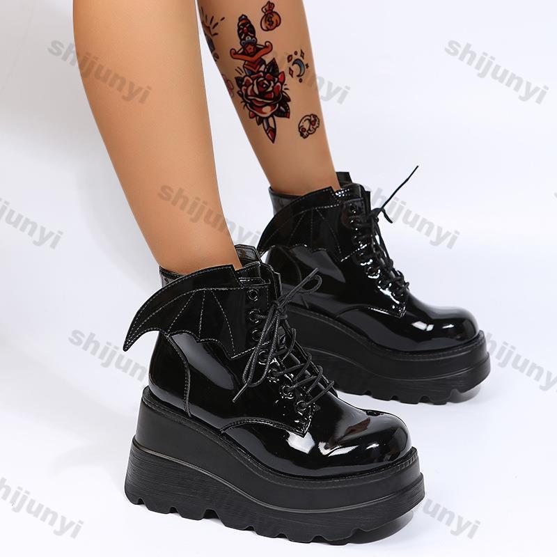 Mode Damenmode Gothic Keil Stiefeletten Schnürung Plateau Stiefeletten Damen Herbst Punk Stil Rutschfest PU Leder Botas Mujer