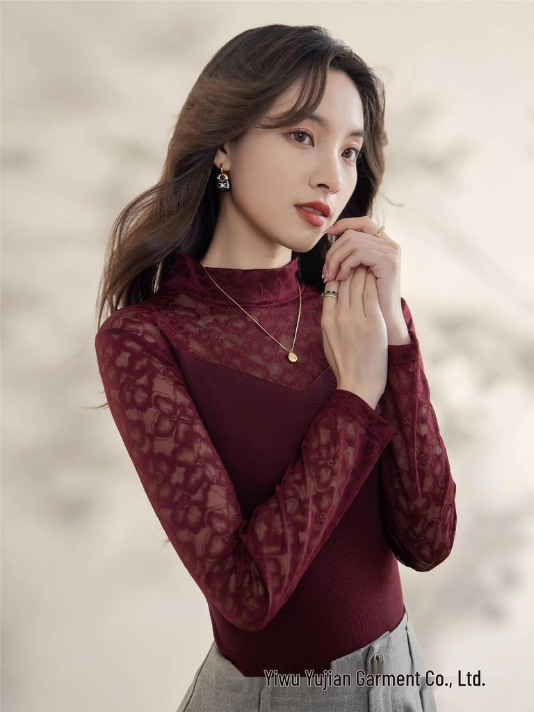 New Style Embroidered Mesh Lace Base Layer Shirt - Women's Slim Fit, Long Sleeve, Spring/Autumn Fashion Top