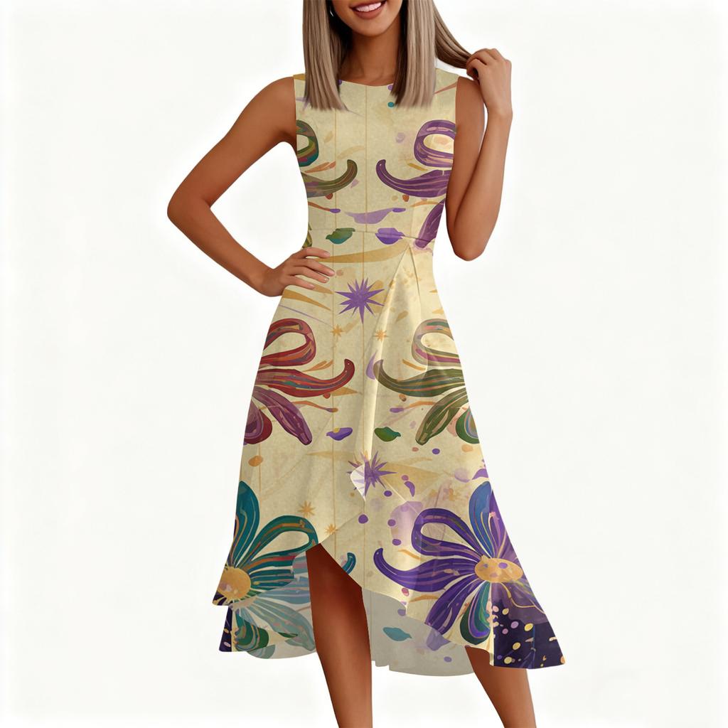 Women's Fashion Casual Sleeveless Round-Neck Printed Ruffled Dress with Zipper