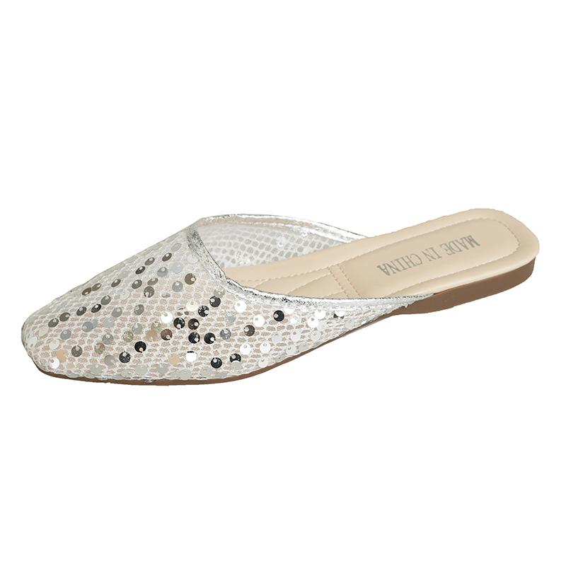Fashion New Baotou Slippers Spring Square Head Shallow Mouth Glitter Mesh Cover Feet Soft Sole Anti-slip Wear-resistant Flat Shoes