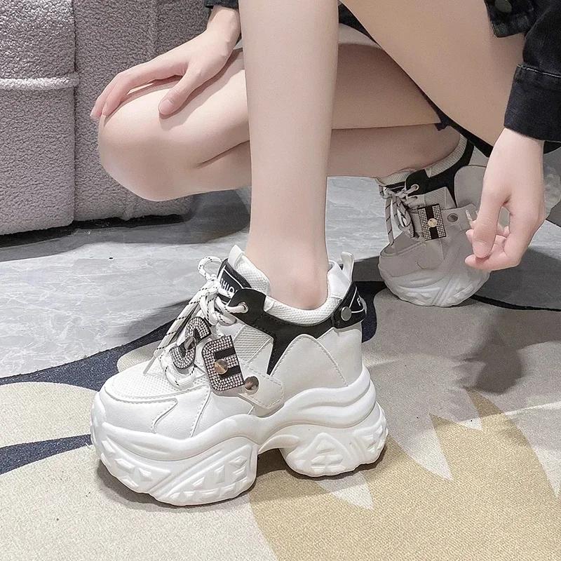 Fashion 10CM Women Platform Leather Sneakers Autumn Sports Dad Shoes High Top Chunky Casual Shoes Woman Thick Bottom Bling White Shoes