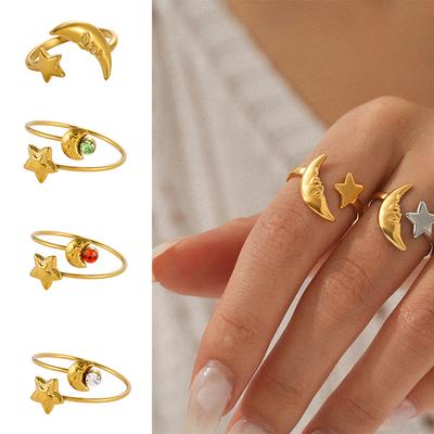 CARLIDANA Gold Plated Stainless Steel Minimalist Star Moon Open Zircon Ring Trendy Celestial Fashion Finger Rings Women Jewelry
